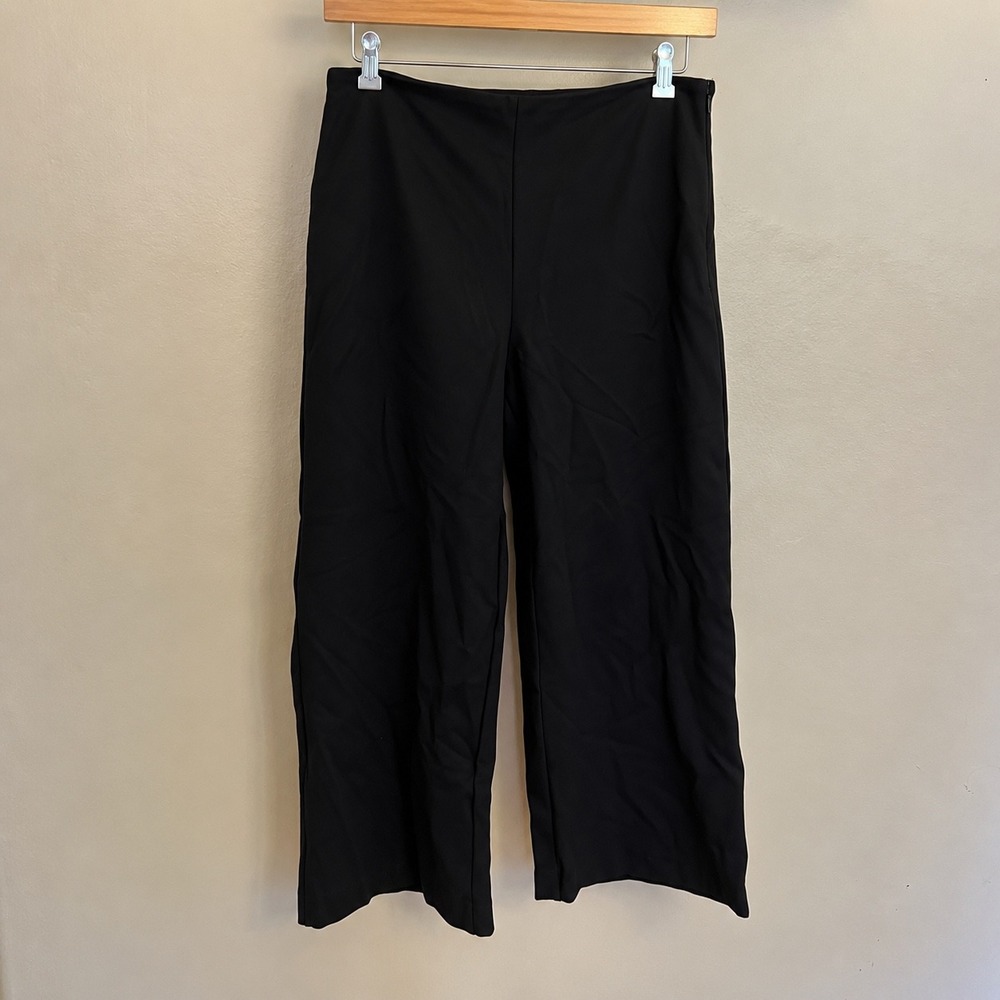 Ann Taylor Navy Blue Wide Leg Crop Pants Side Zip Stretch Size 10